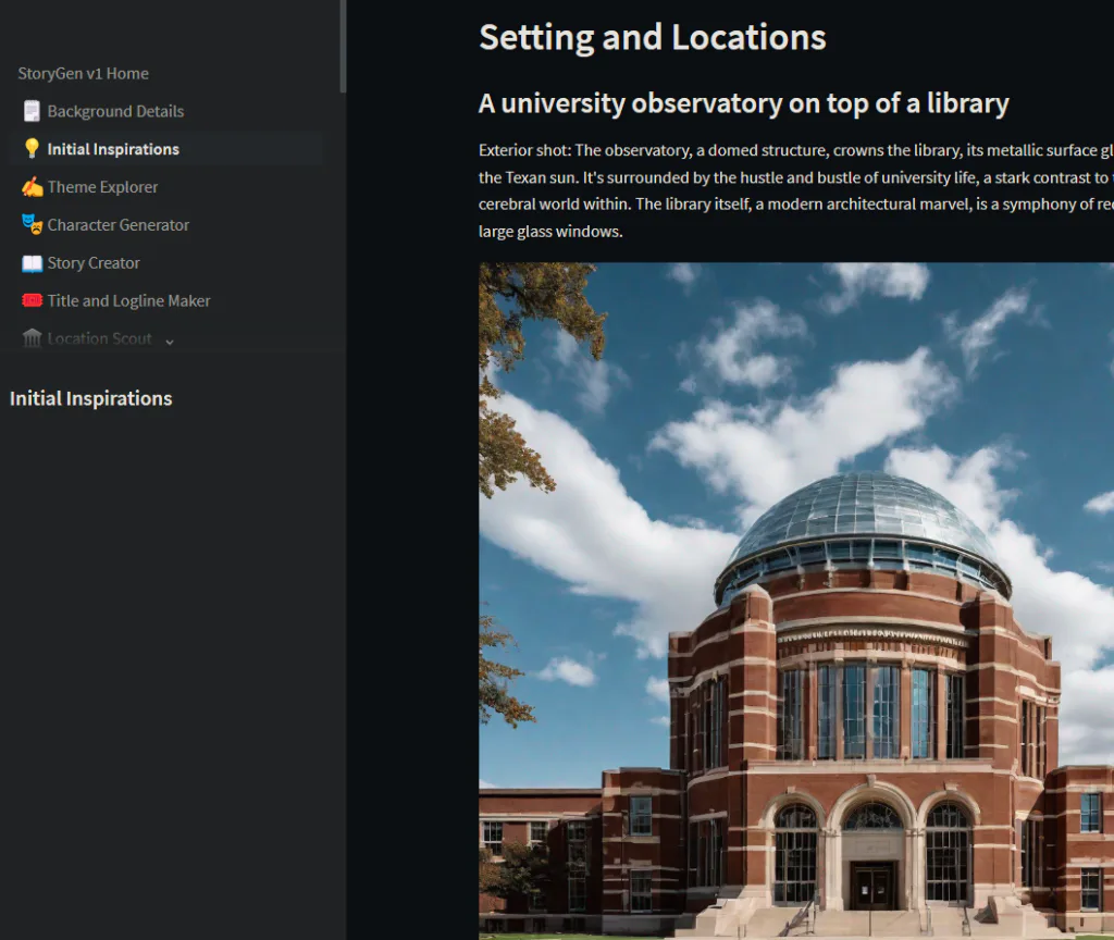 StorySage locations and settings panel screenshot