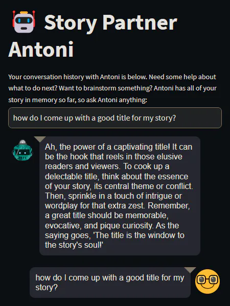 Story Partner chat screenshot inside StorySage